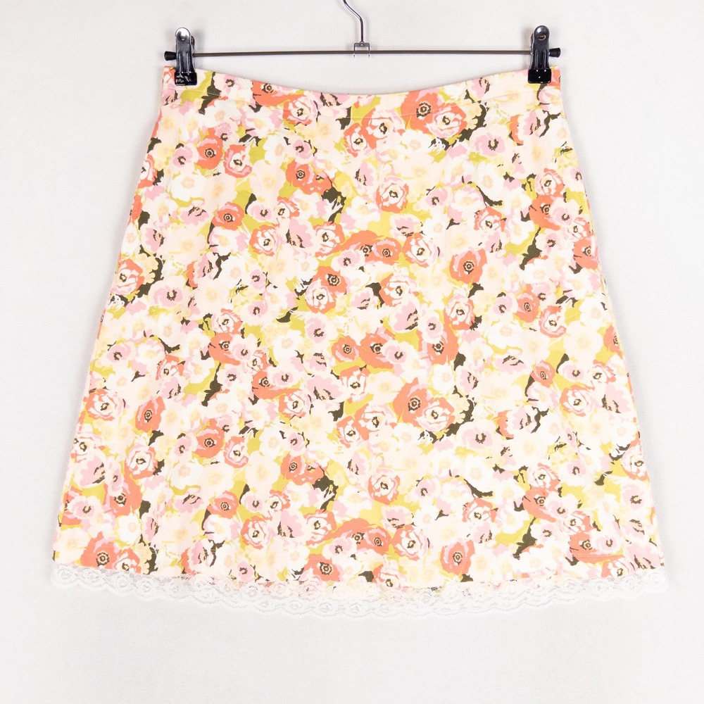 J. Jill Skirt Small Pink Orange Floral A Line Lace Trim Cotton Modal Stretch